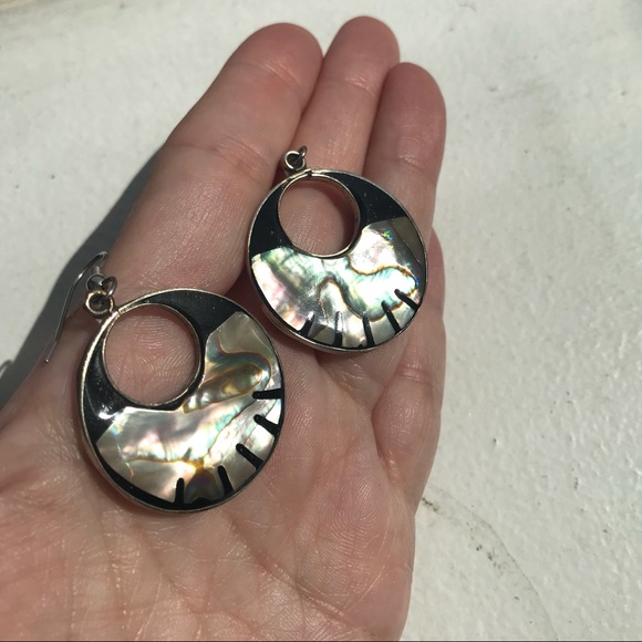 Enamel Mother of Pearl Silver Modern Earrings MOP Mexico - Picture 3 of 6